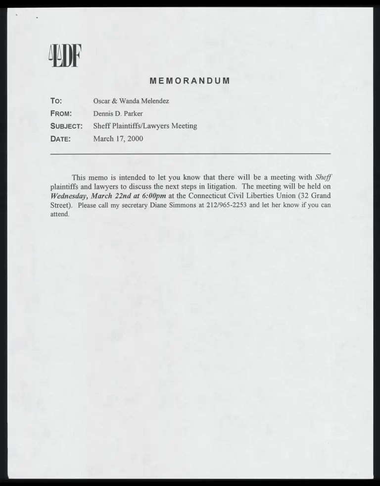Memo RE: Sheff Plaintiffs/ Lawyers Meeting Meeting preview