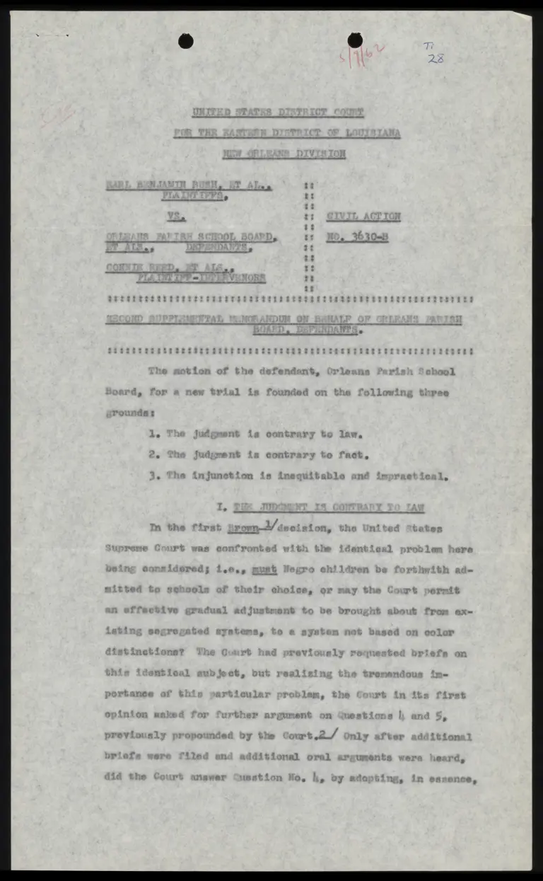 Second Supplemental Memorandum on Behalf of Orleans Parish Board, Defendants preview