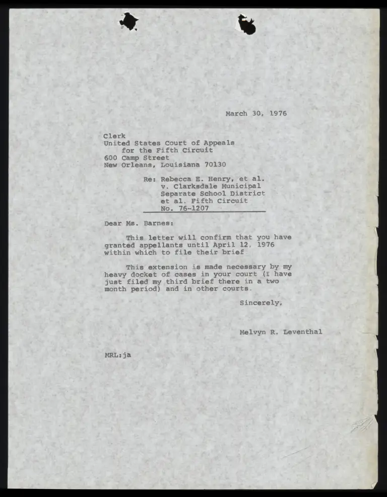 Correspondence from Leventhal to Clerk Re: Extension of Time preview