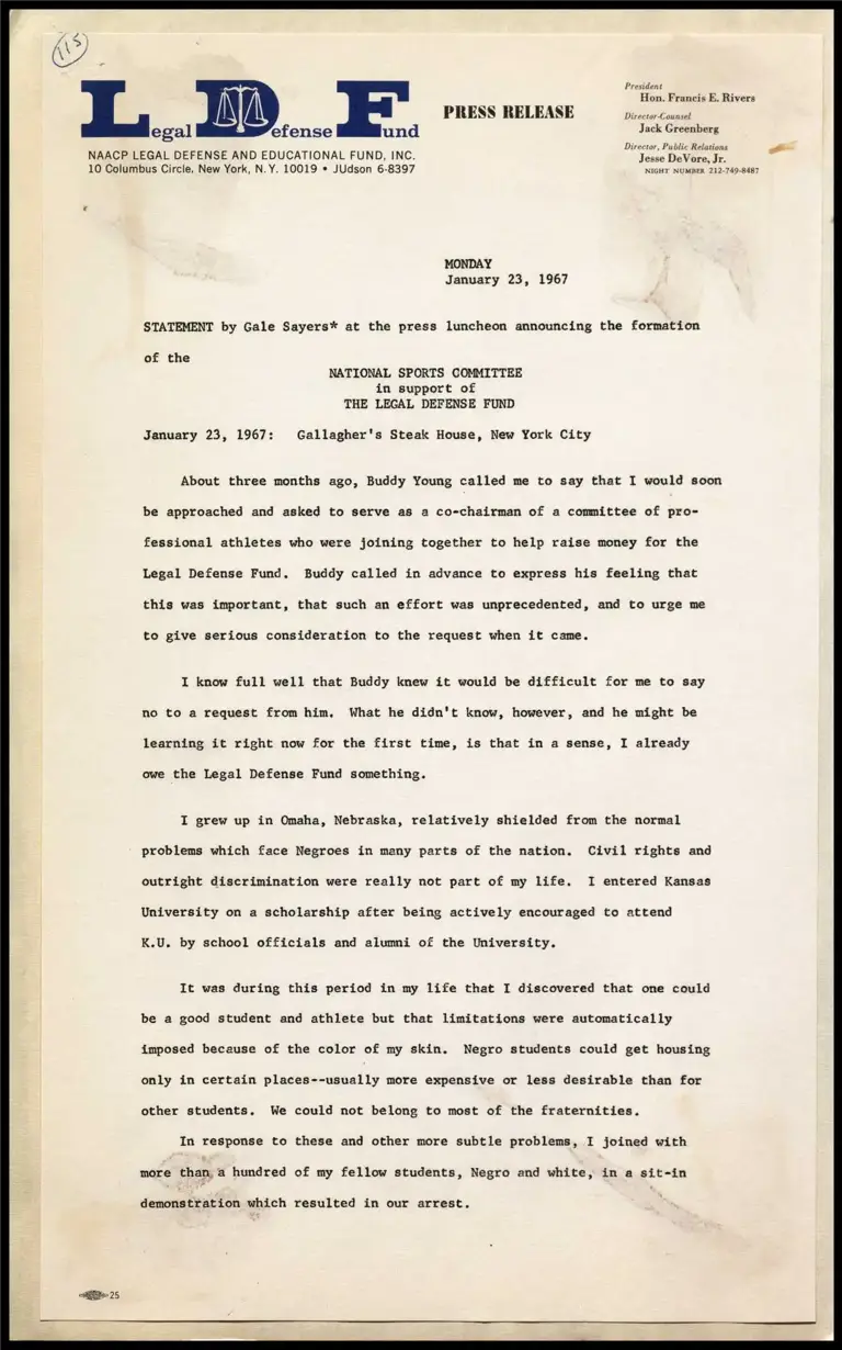 Statement by Gale Sayers on National Sports Committee preview