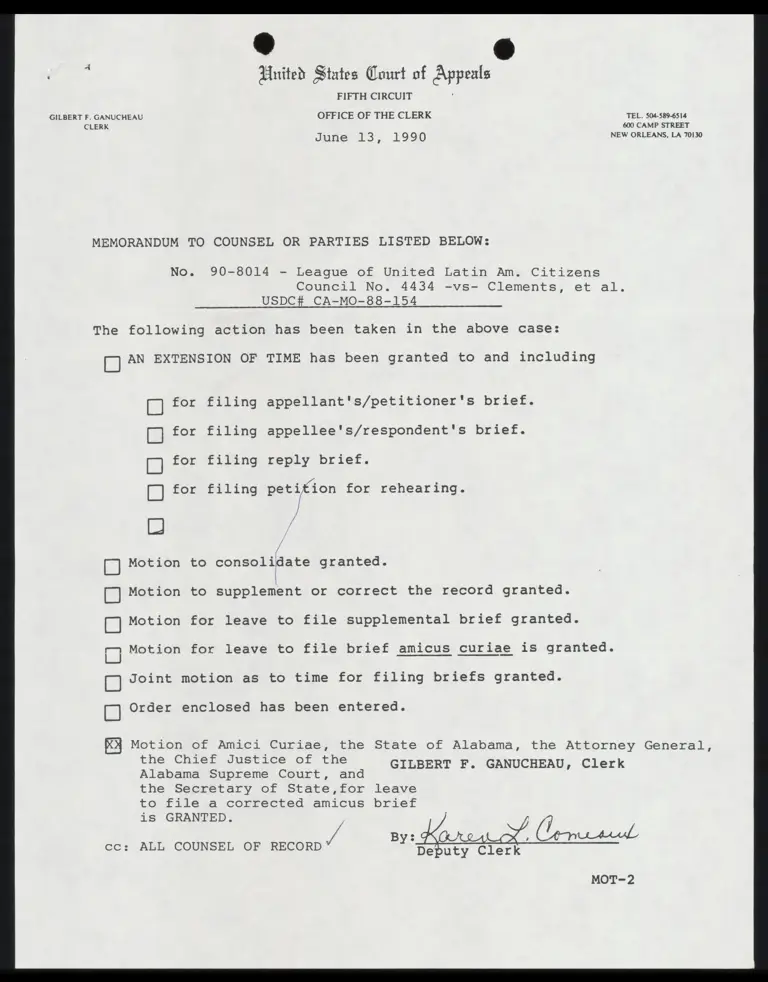 Memorandum from Clerk to Counsel Re: Filing Motion Amici Curiae State of Alabama preview