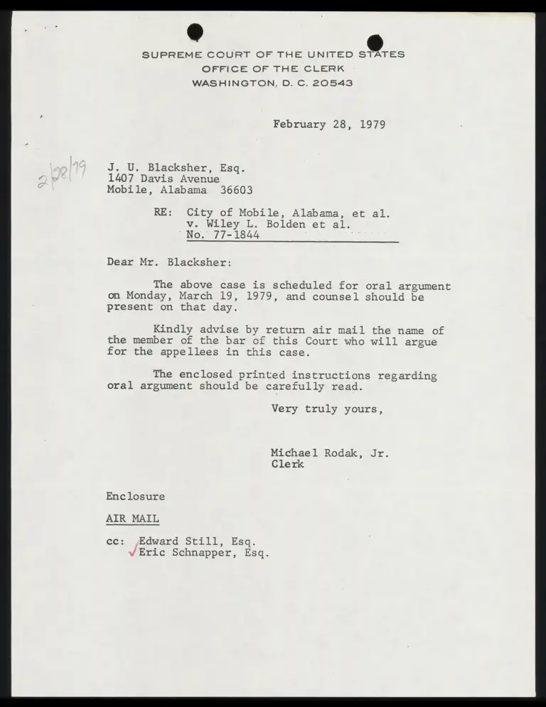 Correspondence from Clerk to Blacksher; Notice of Oral Argument to Counsel preview
