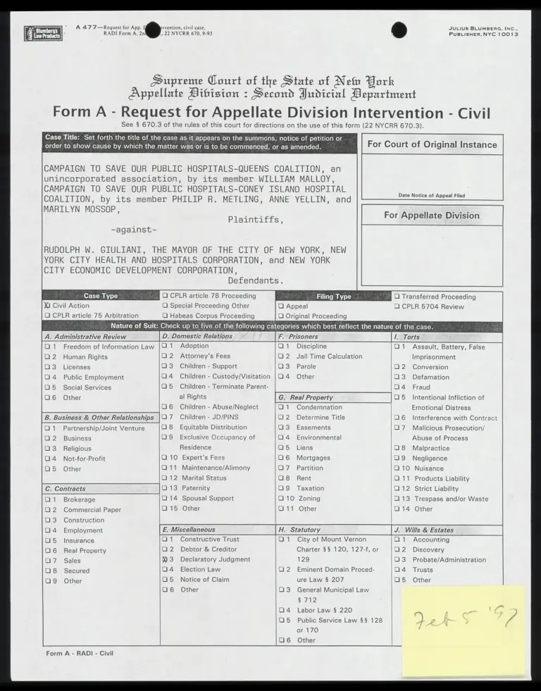 Form A - Request for Appellate Division Intervention preview