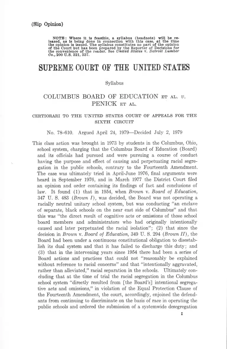 Columbus Board of Education v. Penick Slip Opinion preview