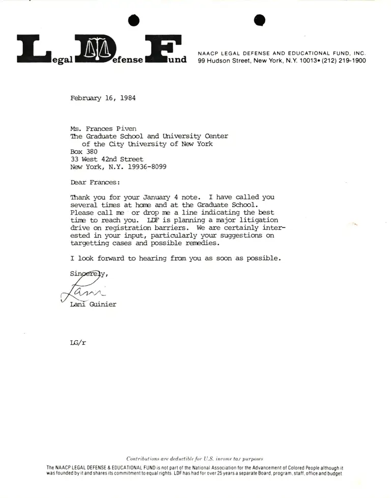 Letter from Lani Guinier to France Piven RE:  Litigation drive on registration barriers preview