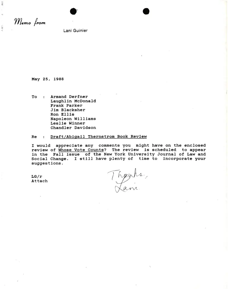 Correspondence from Lani Guinier to Derfner, McDonald, Parker, Blacksher, Ellis, Williams, Winner, and Davidson Re Draft/Abigail Thernstrom Book Review preview