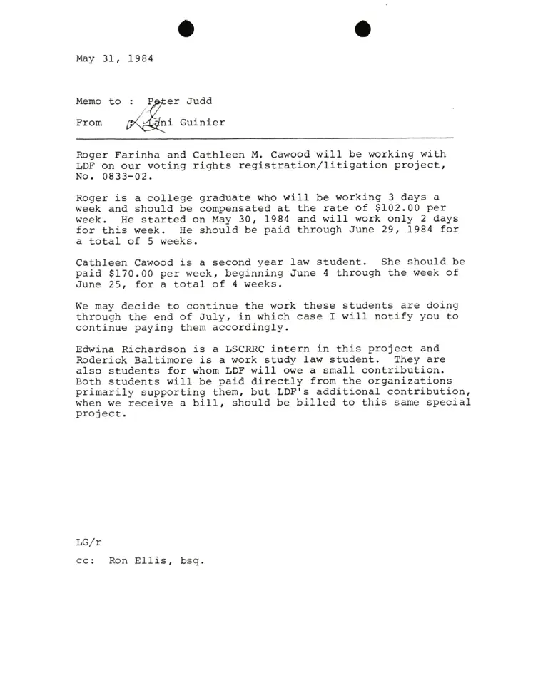 Memo from Lani Guinier to Peter Judd RE: Roger Farinha and Cathleen M. Cawood preview
