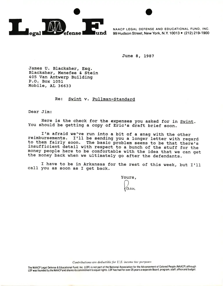 Correspondence from Pamela Karlan to James U. Blacksher Re Swint v. Pullman-Standard preview