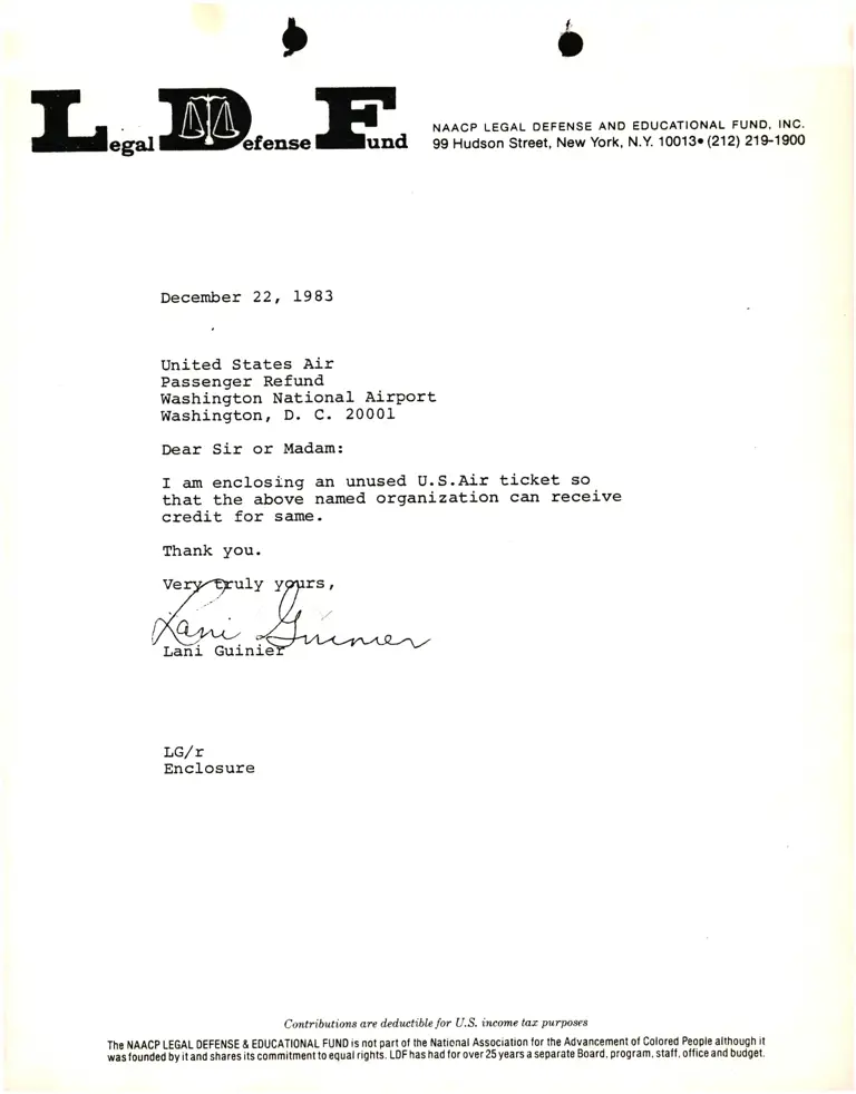 Correspondence from Lani Guinier to United States Air Re: Passenger Refund preview