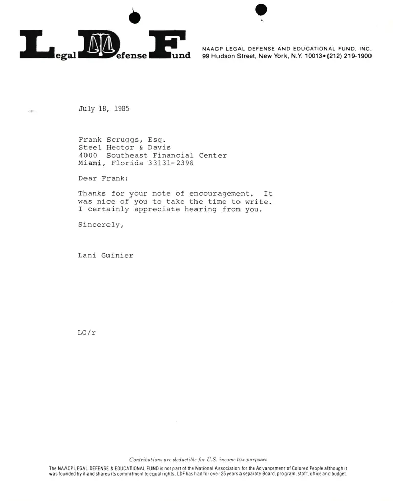 Correspondence from Lani Guinier to Frank Scruggs preview