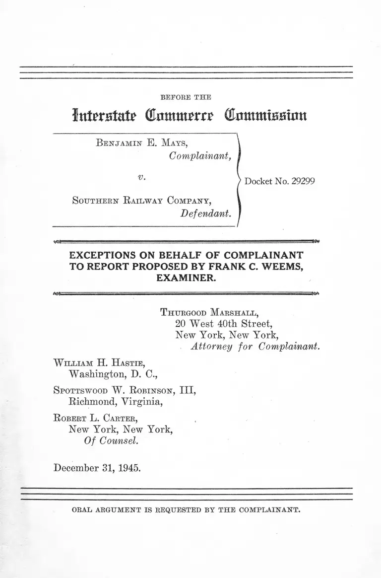 Mays v. Southern Railway Company Exceptions on Behalf of Complainant to Report Proposed by Examiner preview