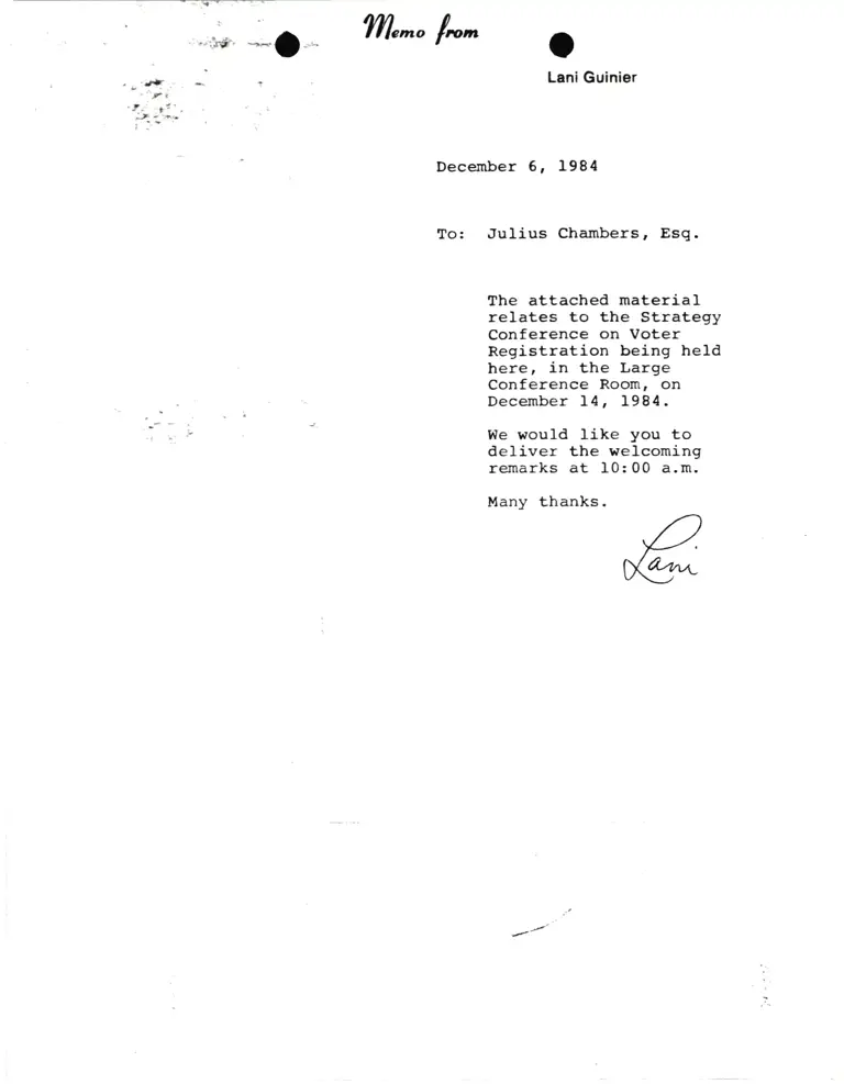 Memo from Lani Guinier to Julius Chambers Esq. RE: Strategy Conference on Voter Registration preview
