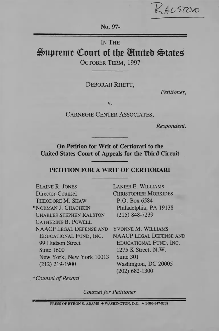 Rhett v Carnegie Center Associates Petition Writ of Certiorari preview