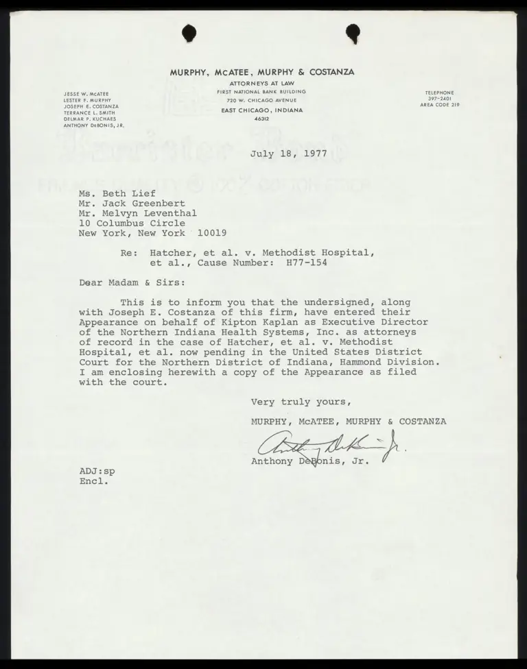 Correspondence from DeBonis to Counsel Re: Notice of Appearance Form preview