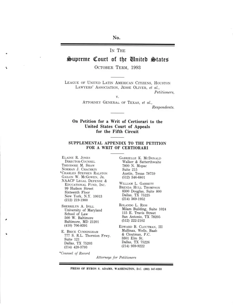 League of United Latin American Citizens (LULAC) v. The Attorney General of the State of Texas Supplemental Appendix to the Petition for a Writ of Certiorari preview