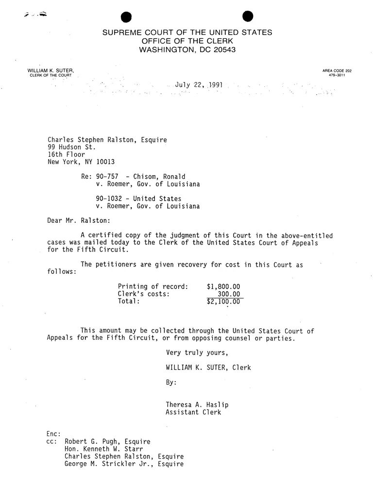 Letters from Theresa Haslip to Charles Ralston RE Supreme Court Judgment preview