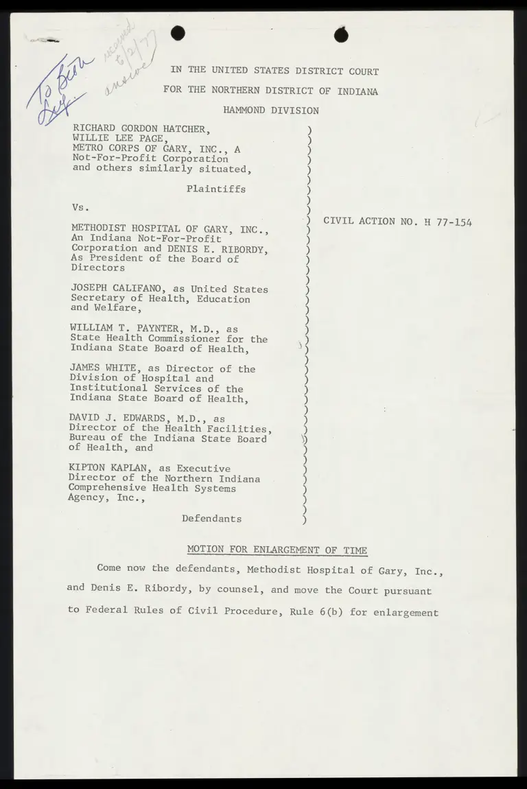 Defendants' Motion For Enlargement of Time and Order preview