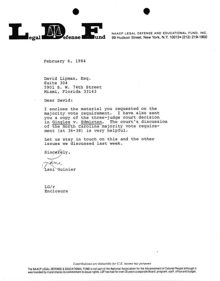 Letter from Lani Guinier to David Lipman RE: Majority vote requirement preview