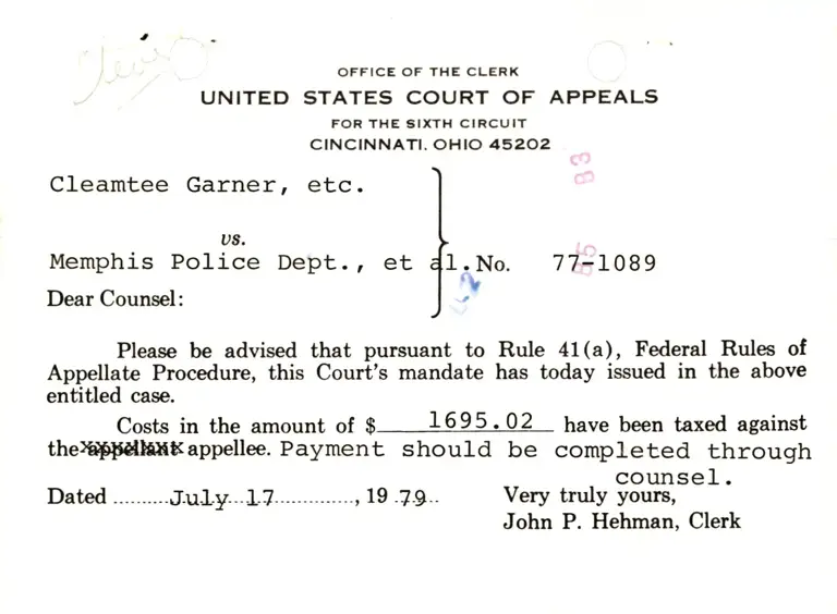 Correspondence to Counsel from Clerk Re: Costs preview