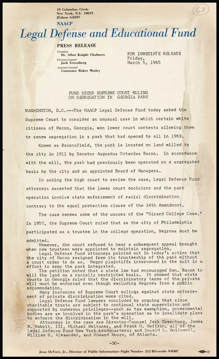 Fund Seeks Supreme Court Ruling on Segregation in Georgia Park preview