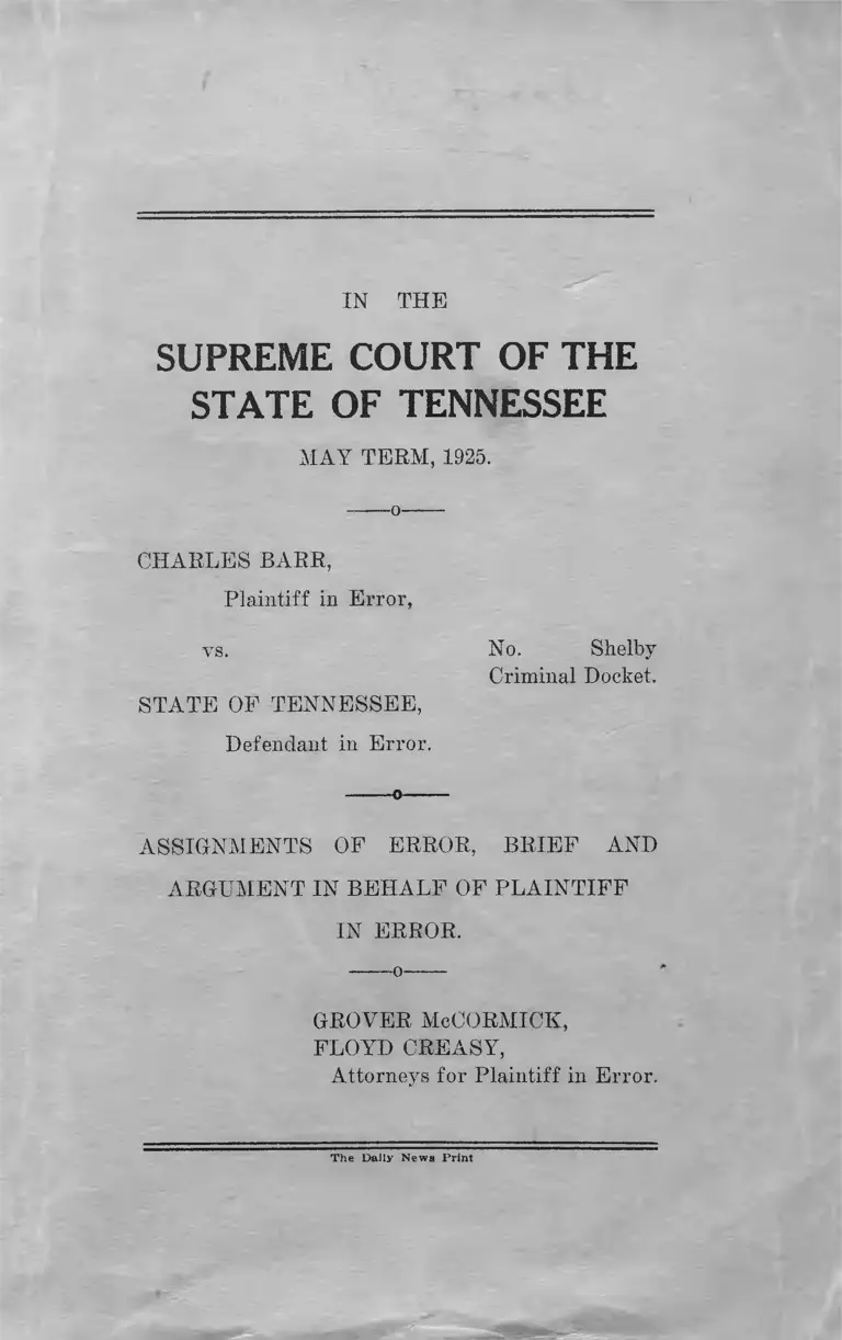 Barr v. Tennessee Assignments of Error, Brief and Argument in Behalf of Plaintiff in Error preview