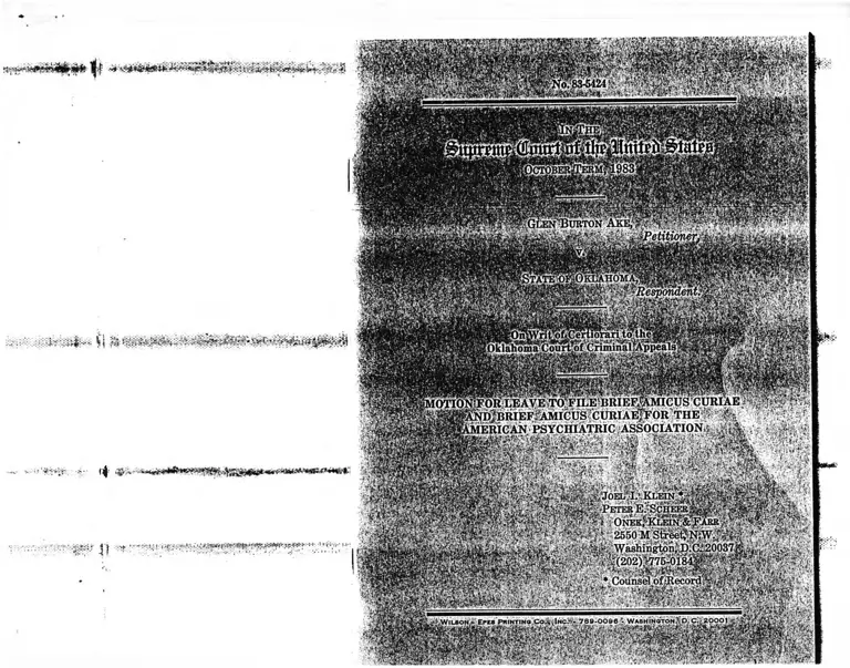 Ake v. Oklahoma Motion for Leave to File Brief Amicus Curiae and Brief Amicus Curiae for the American Psychiatric Association preview