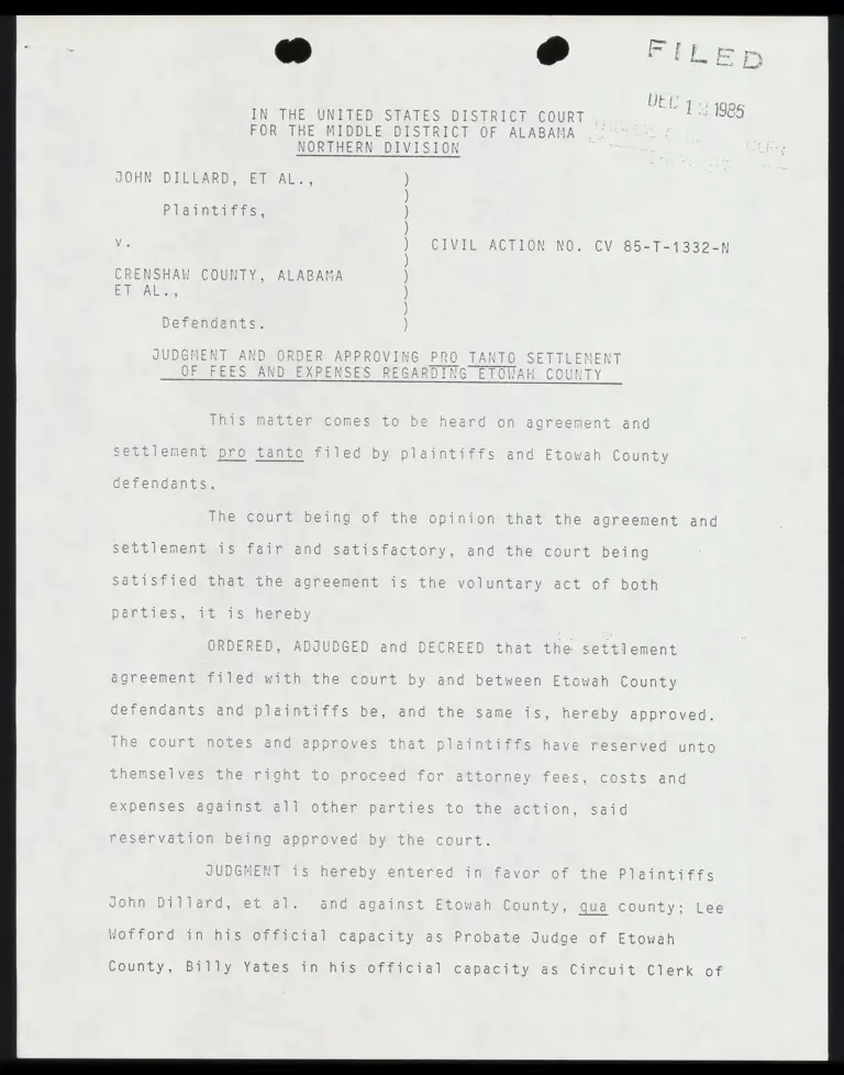 Judgment and Order Approving Pro Tanto Settlement of Fees and Expenses Regarding Etowah County preview