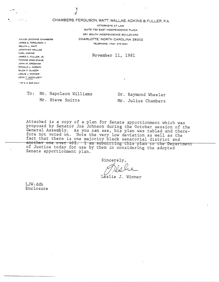 Correspondence from Winner to Williams, Suitts, Wheeler, and Chambers; Johnson Senate Apportionment Proposal Materials preview