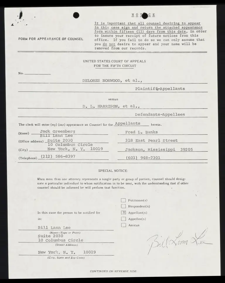 Form for Appearance of Counsel for Greenberg, Lee, and Banks preview