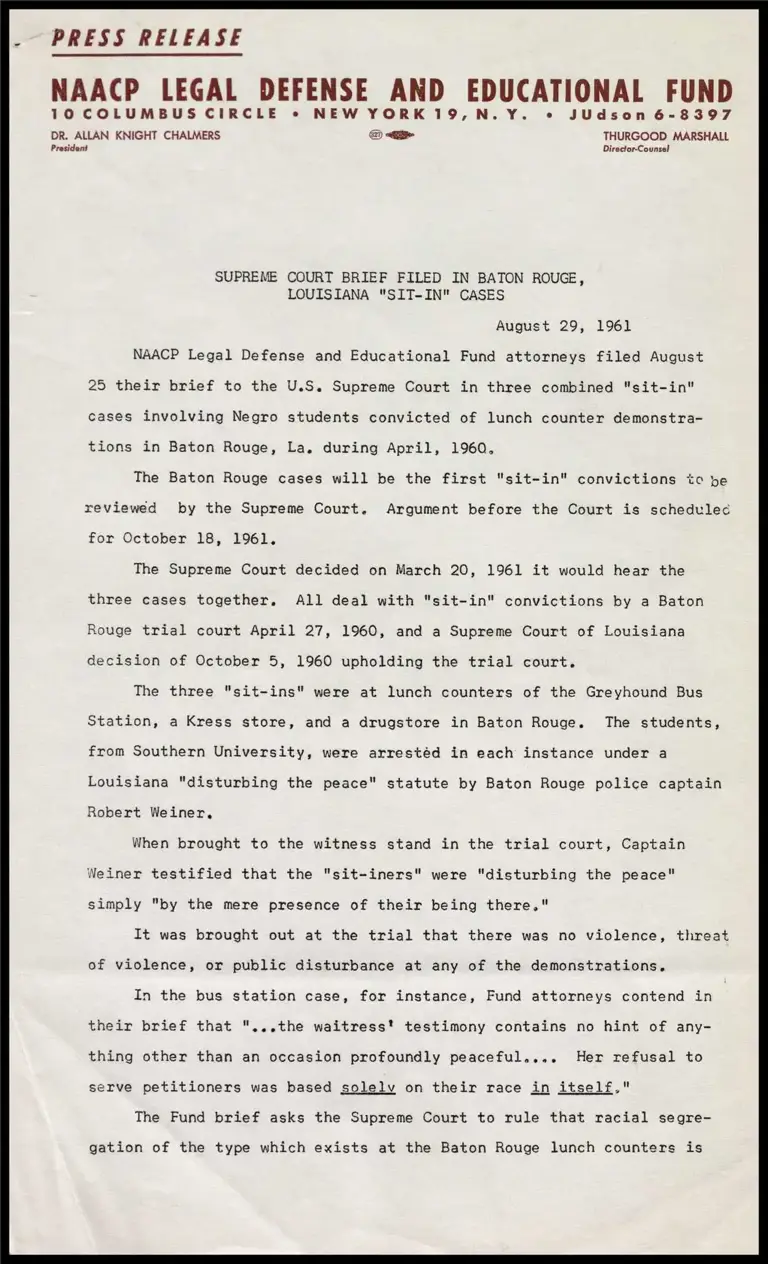 Supreme Court Brief Filled in Baton Rouge, Louisiana "Sit-In" Cases preview