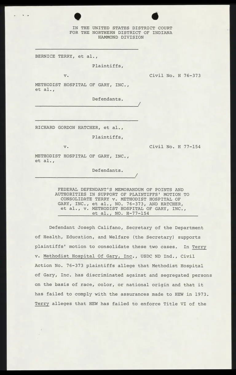 Federal Defendant's Memorandum of Points and Authorities in Support of Plaintiffs' Motion to Consolidate Terry and Hatcher v. Methodist Hospital preview