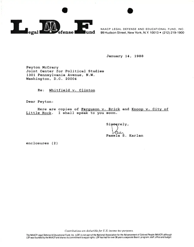 Correspondence from Pamela Karlan to Peyton McCrary Re Whitfield v. Clinton preview
