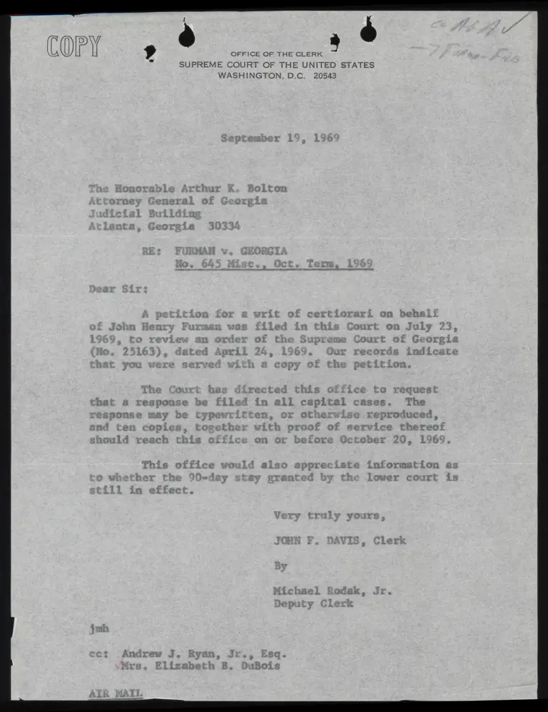 Correspondence from Clerk to Bolton preview