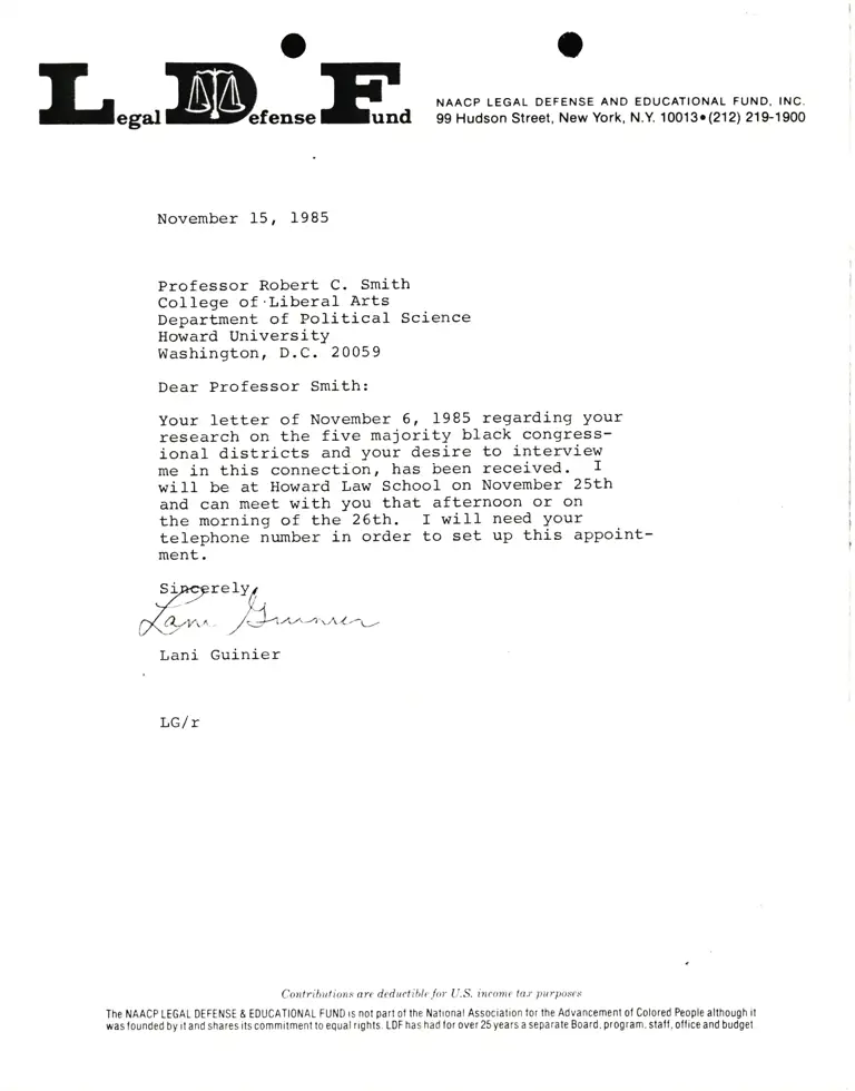 Correspondence from Lani Guinier to Prof. Robert C. Smith (Howard University) preview