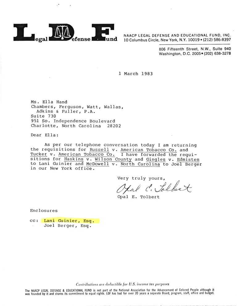 Correspondence from Tolbert to Hand preview