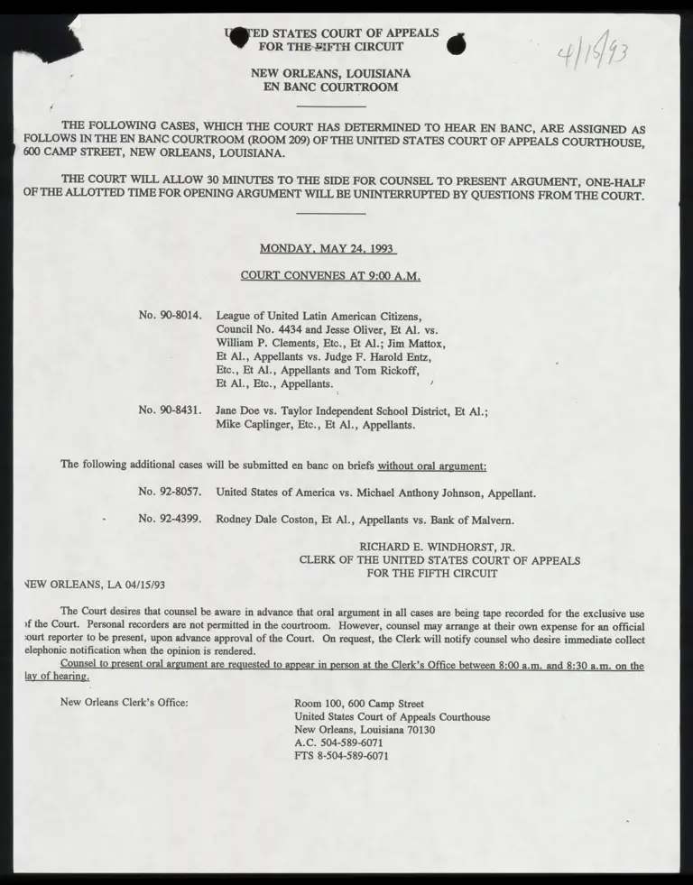 Form Notifying Calendar Receipt from Clerk to Counsel preview