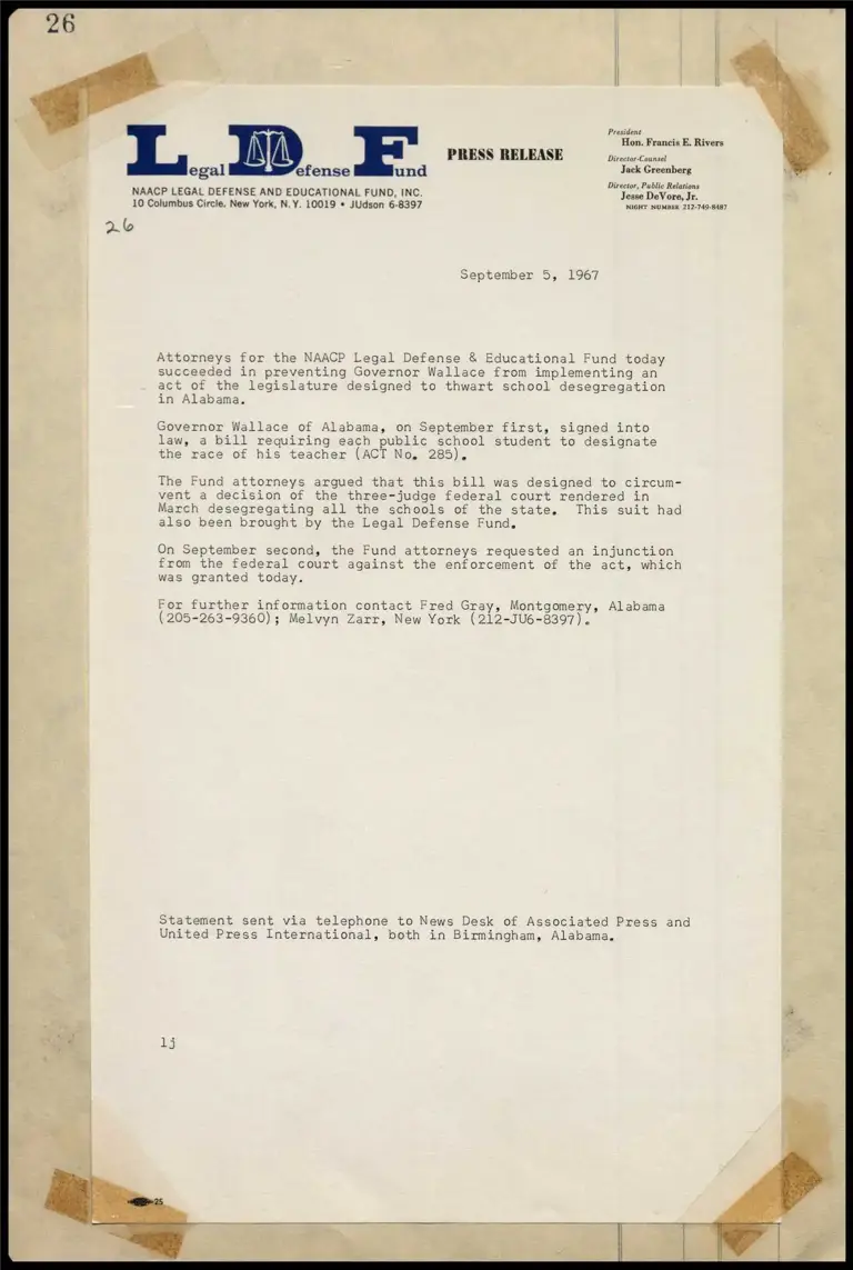 LDF Attorneys Prevent Gov. Wallace (Alabama) from Implementing an Act of the Legislature Designed to Thwart School Desegregation preview