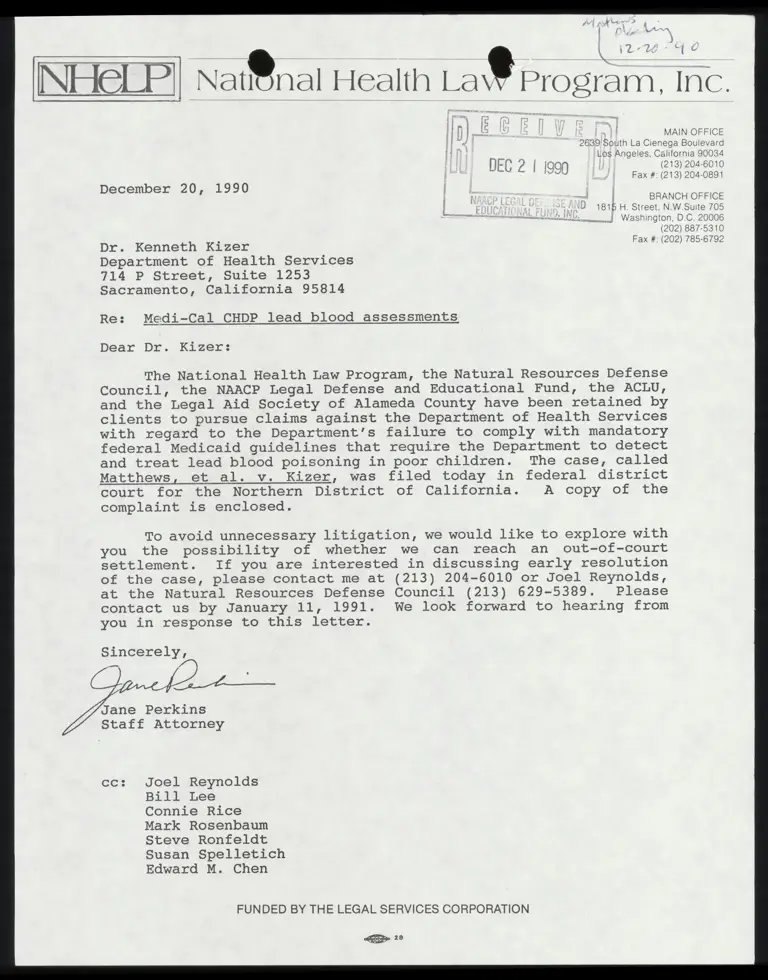 Correspondence from Perkins to Kizer Re: Medi-Cal CHDP Lead Blood Assessments preview