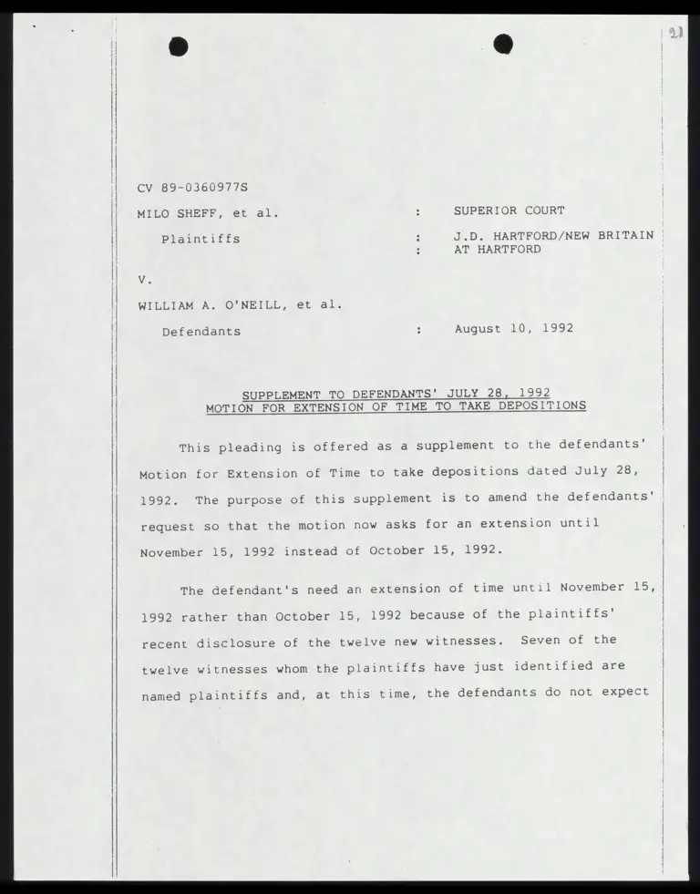 Supplement to Defendants' July 28, 1992 Motion for Extension of Time to Take Depositions preview