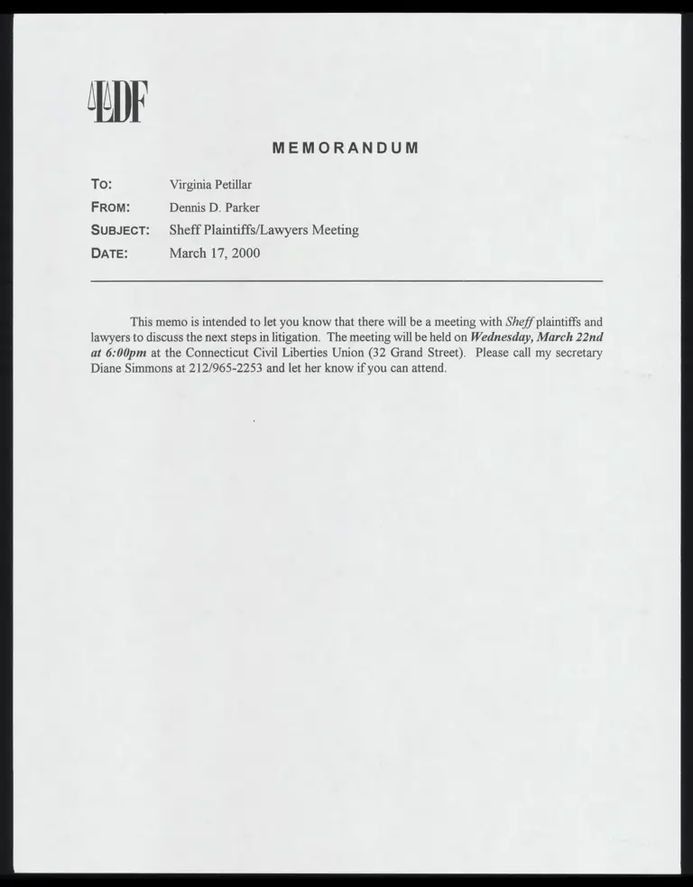 Memo RE: Sheff Plaintiffs/ Lawyers Meeting preview