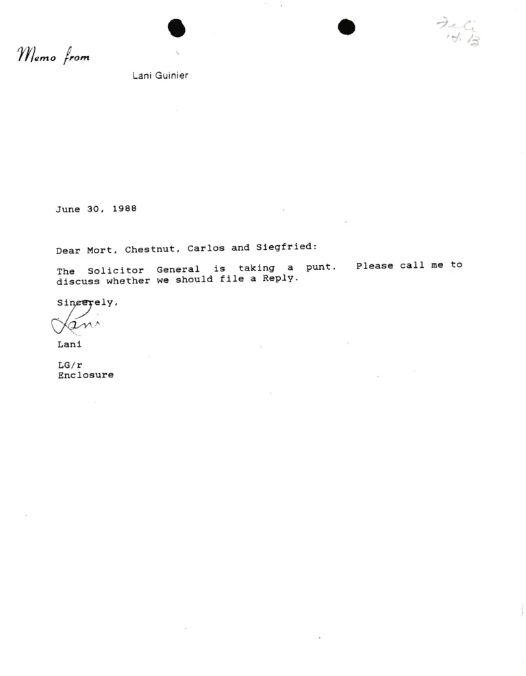 Correspondence from Lani Guinier to Mort, Chestnut, Carlos, and Siegfried preview