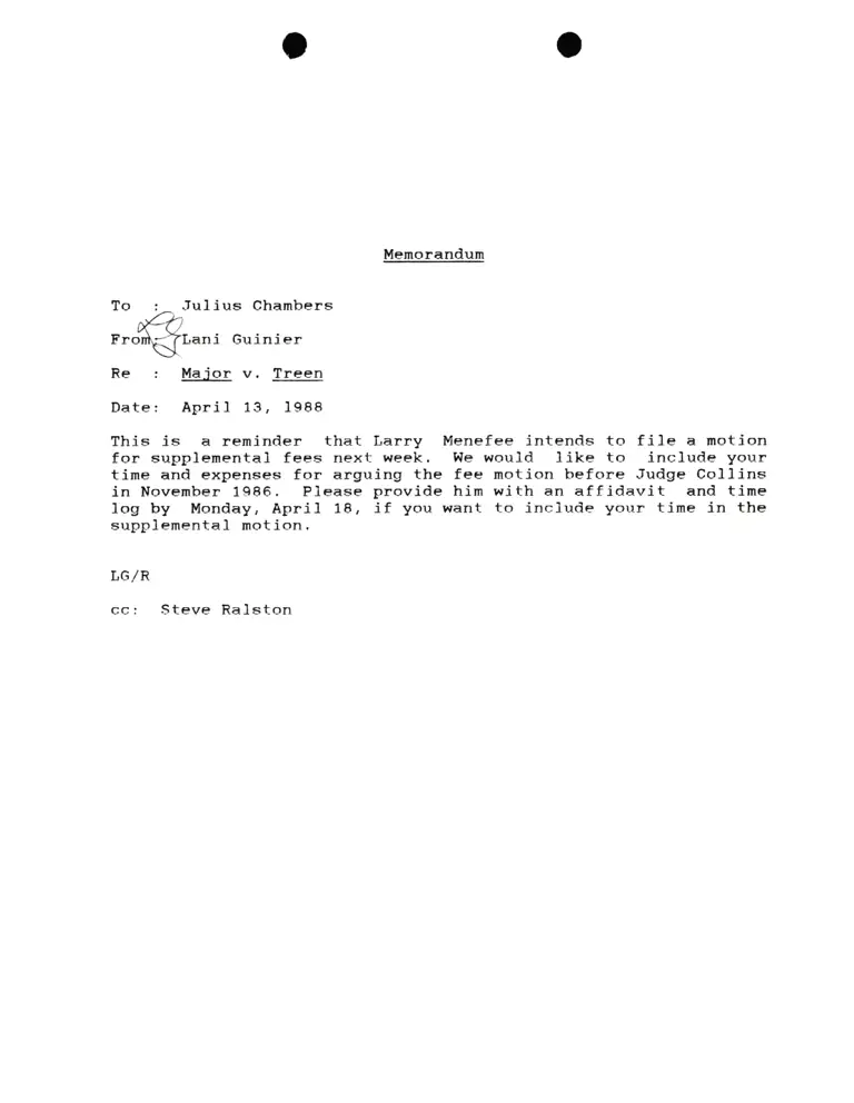 Memorandum from Lani Guinier to Julius Chambers Re Major v. Treen preview