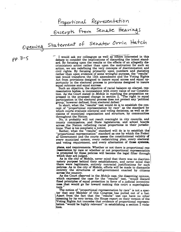 Proportional Representation Excerpts from Senate Hearings 1 preview