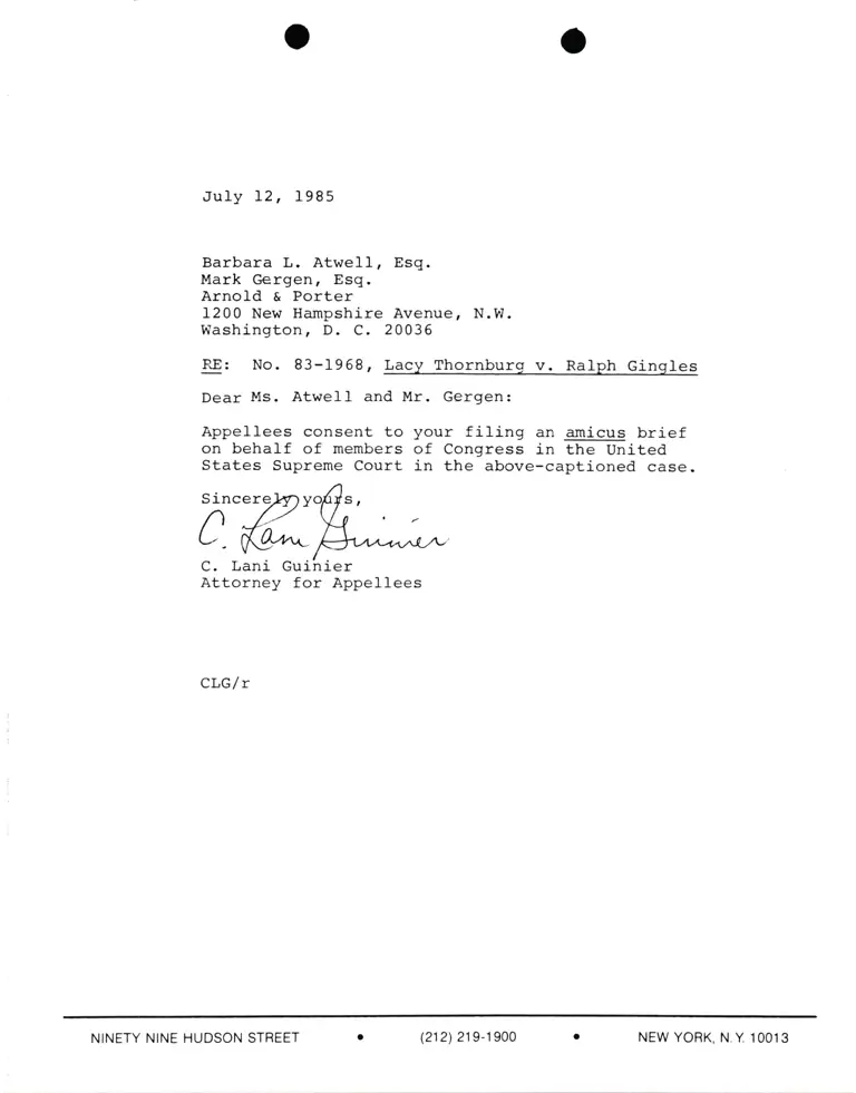 Correspondence from Lani Guinier to Barbara L. Atwell and Mark Gergen Re Thornburg v. Gingles Amicus Brief preview