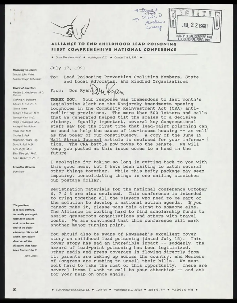 Correspondence from Ryan to Lead Poisoning Prevention Coalition et al.; Press Releases; Lead Scare Article; Response Form preview