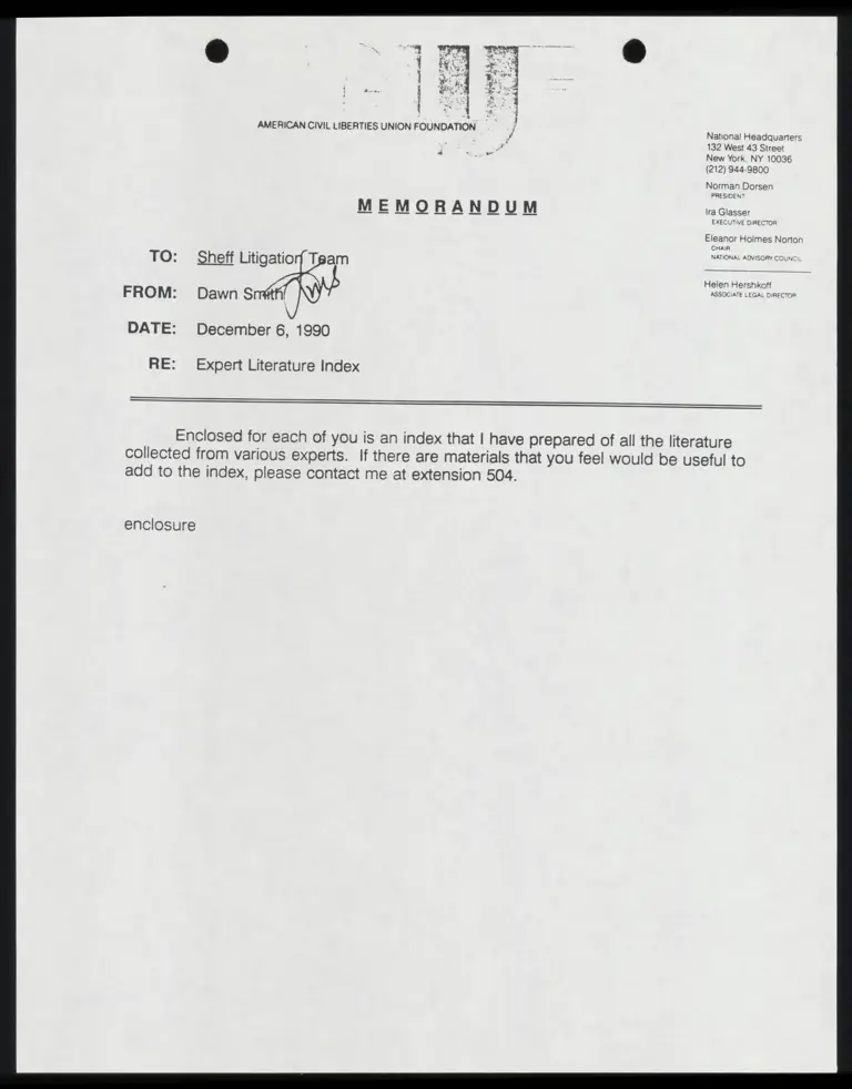 Memo from Smith to Counsel Re: Expert Literature Index preview