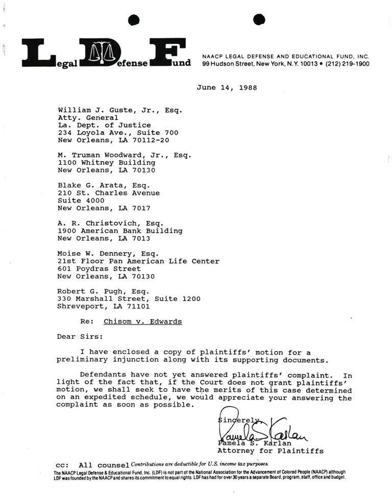 Correspondence from Pamela Karlan to Guste, Woodward, Arata, Christovitch, Dennery, and Pugh (Esquires) Re Chisom v. Edwards preview