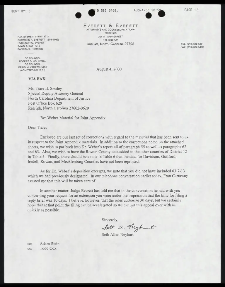 Correspondence from Neyhart to Smiley Re: Weber Material for Joint Appendix preview