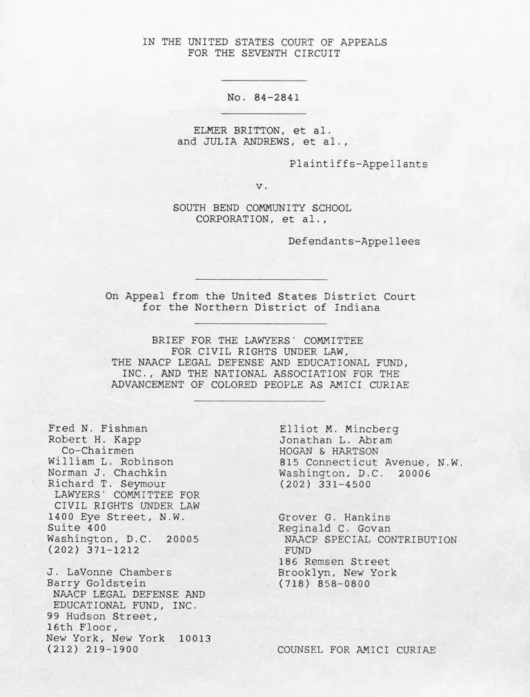Britton v. South Bend Community School Corporation Brief for the Lawyers' Committee for Civil Rights Under Law, the NAACP Legal Defense and Educational Fund, and the National Association for the Advancement of Colored People as Amici Curiae preview
