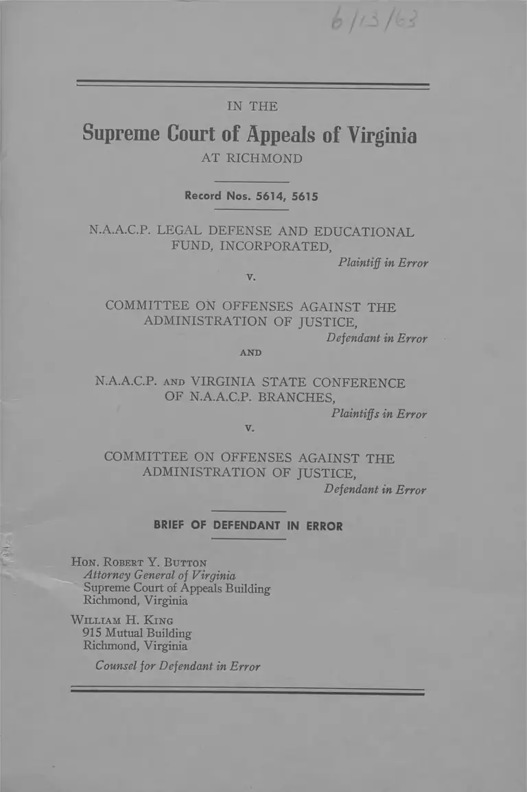 NAACP v. Committee on Offenses Against the Administration of Justice Brief of Defendant in Error preview